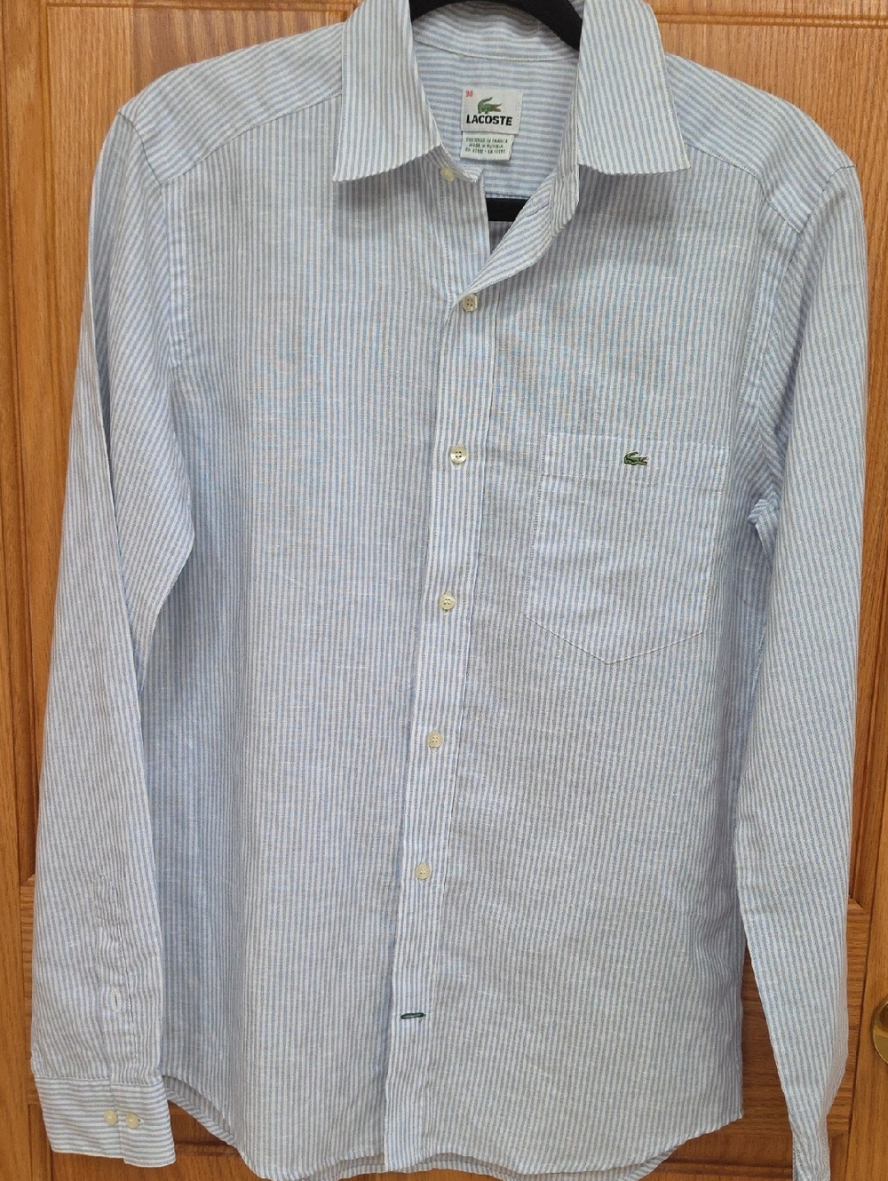 Lacoste Men’s Light Blue & White Striped Button-Down 56% Linen, S(38), NWOT - Picture 3 of 16